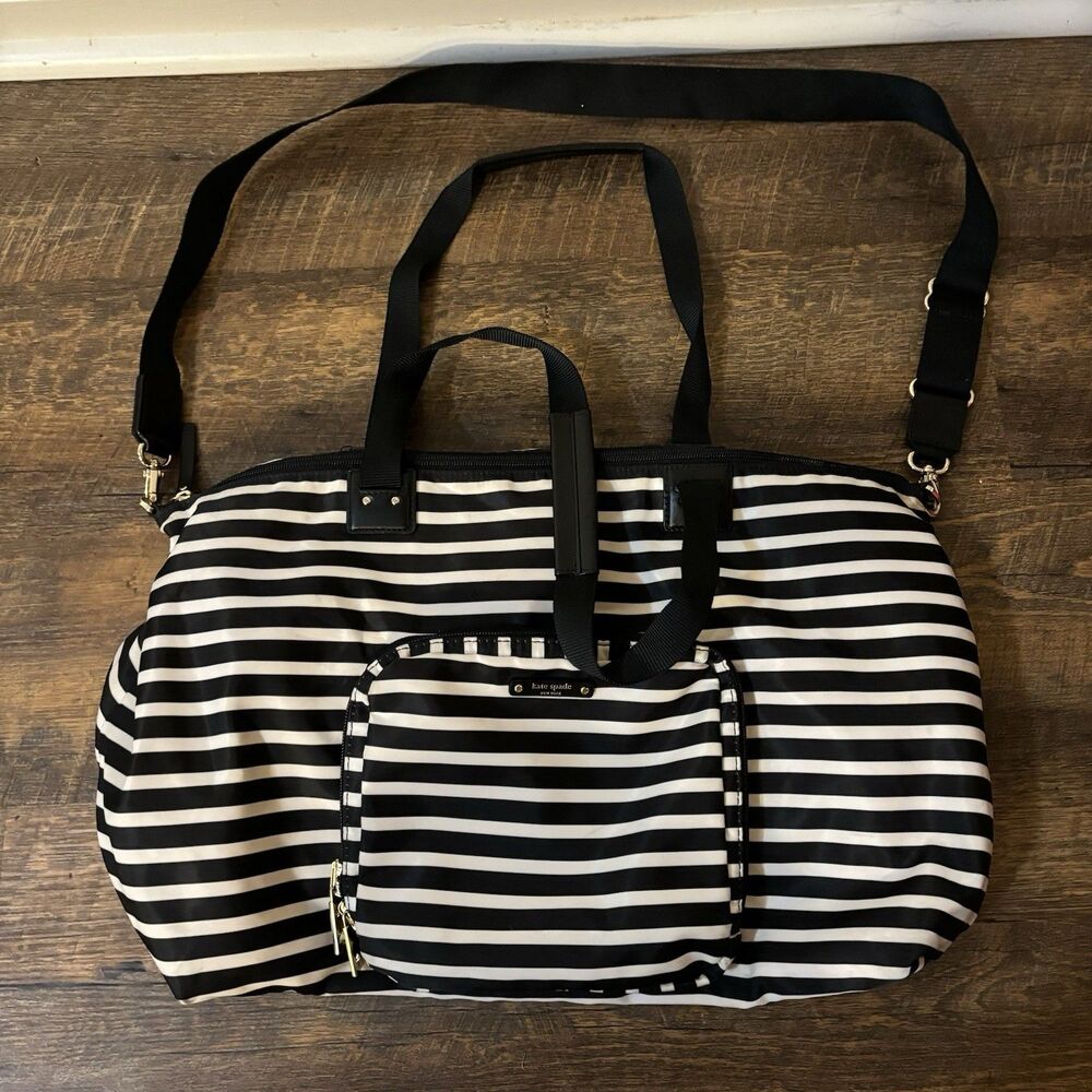 Kate Spade Watson Lane Lyla Weekender Black & White Stripes Nylon Packable Bag